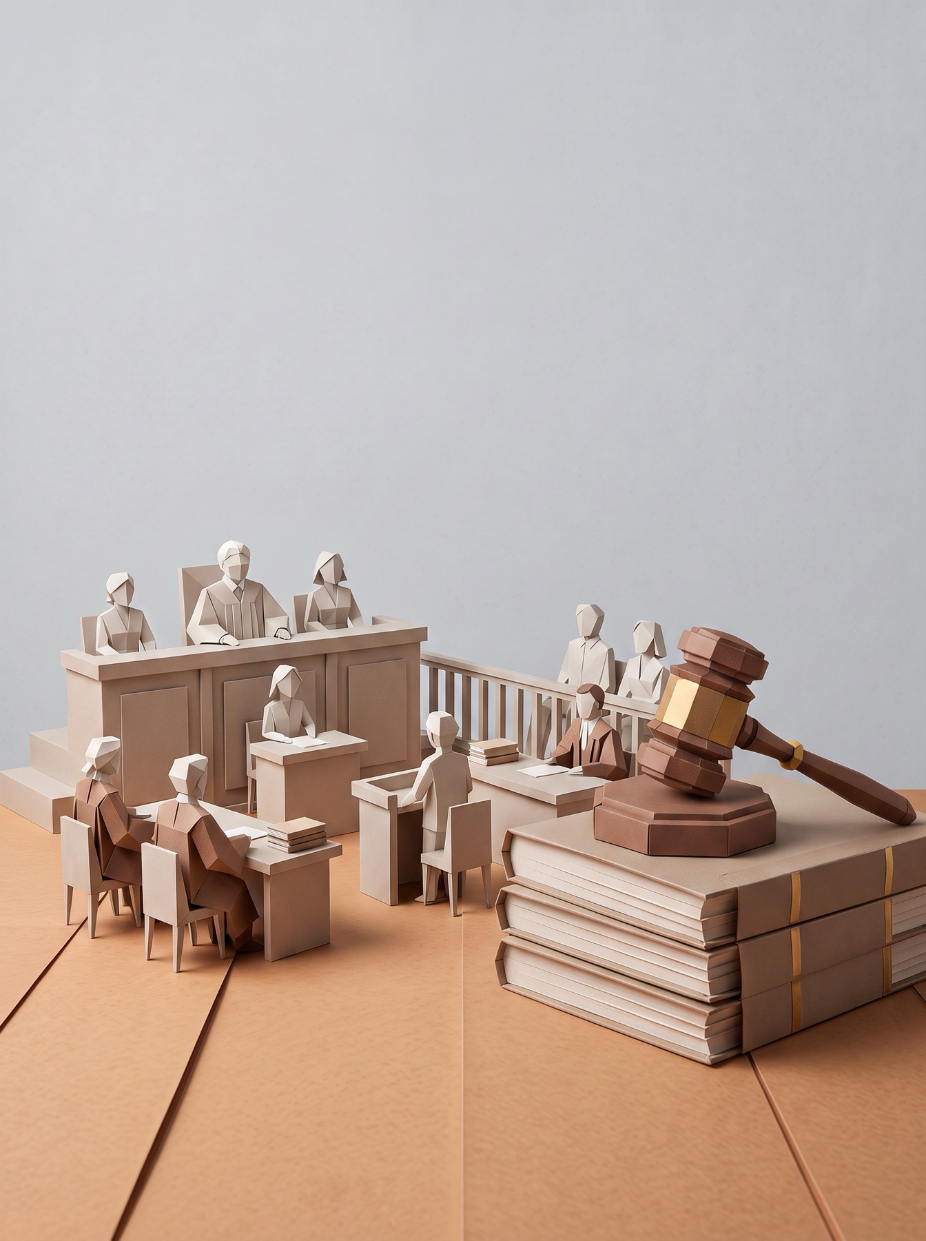 Papercraft illustration of a courtroom with judges, counsel and a gavel